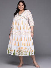 Plus Size Floral Printed Empire Midi Pure Cotton Ethnic Dress-AP-AHEDCOPG-219