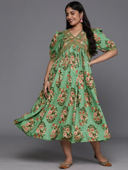 Plus Size Floral Print Puff Sleeves Sequinned Midi Empire Ethnic Dress-AP-AHEDCRDP-212