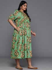 Plus Size Floral Print Puff Sleeves Sequinned Midi Empire Ethnic Dress-AP-AHEDCRDP-212
