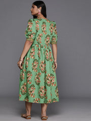 Plus Size Floral Print Puff Sleeves Sequinned Midi Empire Ethnic Dress-AP-AHEDCRDP-212