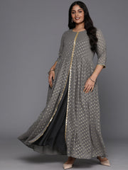 Plus Size Floral Print Layered Ethnic Dress-AP-AHEDGRFP-230