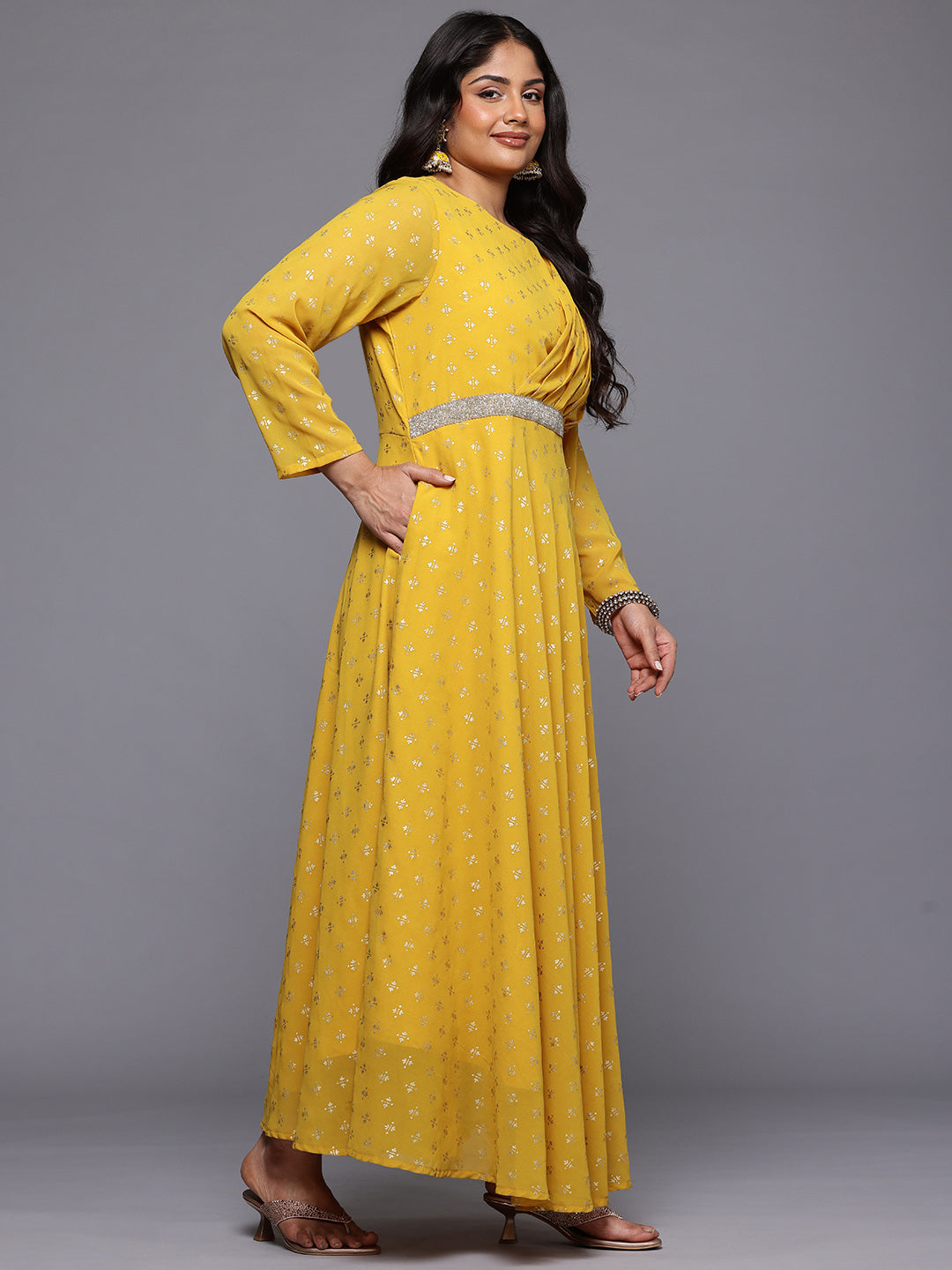 Women's Mustard Luxurious Boat Neck Maxi Dress-AP-AHEDGRFP-247