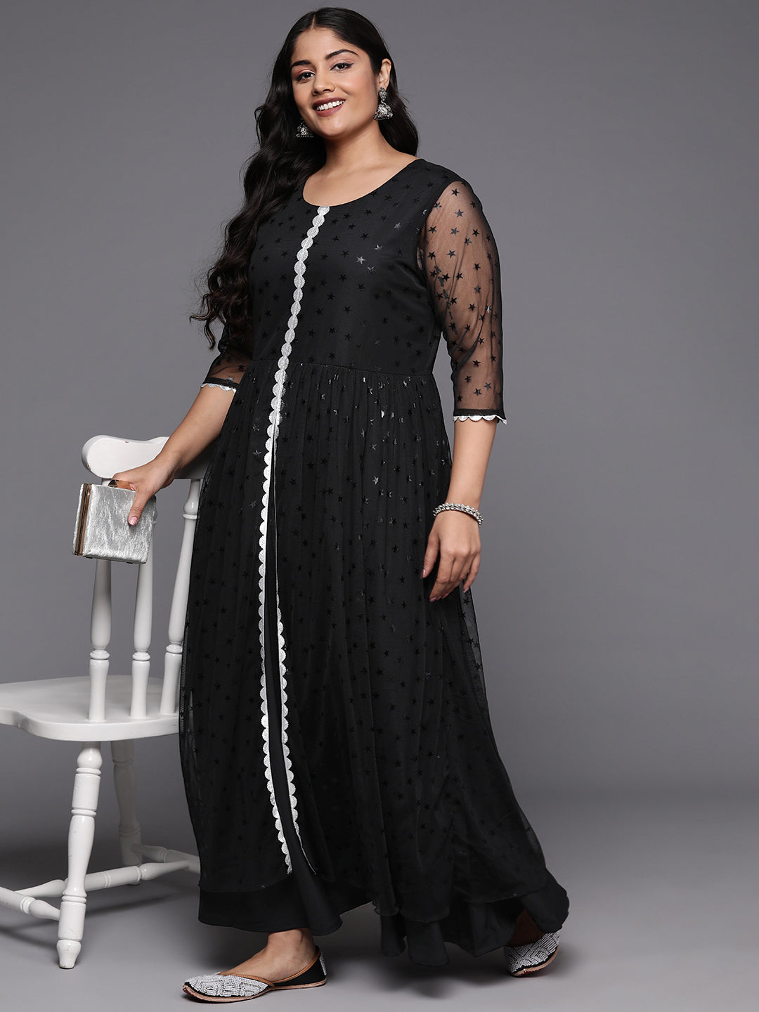 Women Plus Size Star Print Net A-Line Maxi Dress-AP-AHEDNTFP-167
