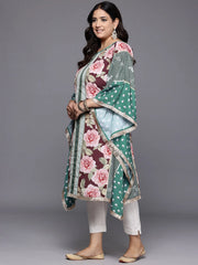 Plus Size Floral Printed Flared Sleeves Gotta Patti Crepe Kaftan Kurta-AP-AHKFCRDP-6033