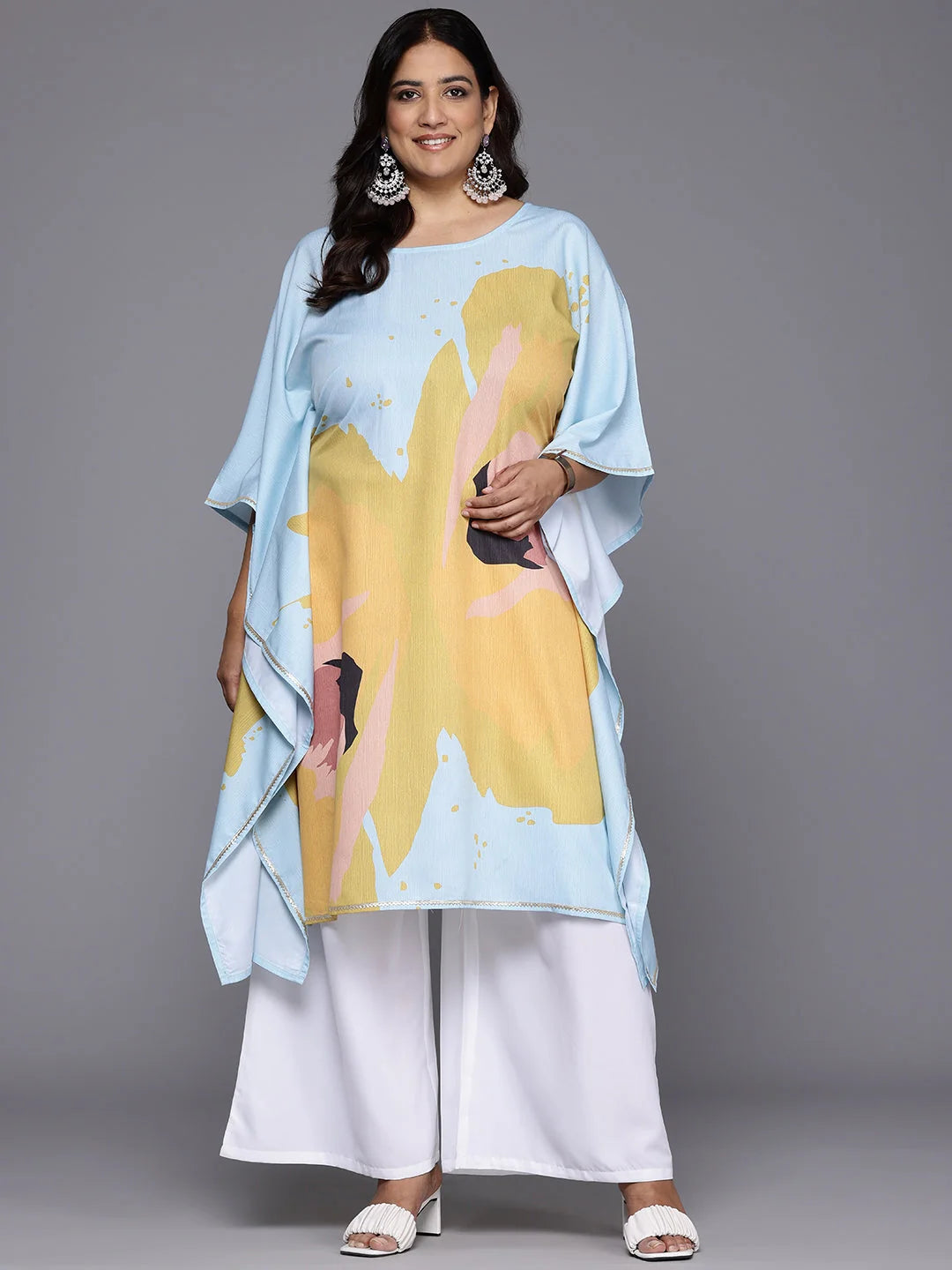 Plus Size Printed Kurta Palazzo Set - Gotta Patti Details