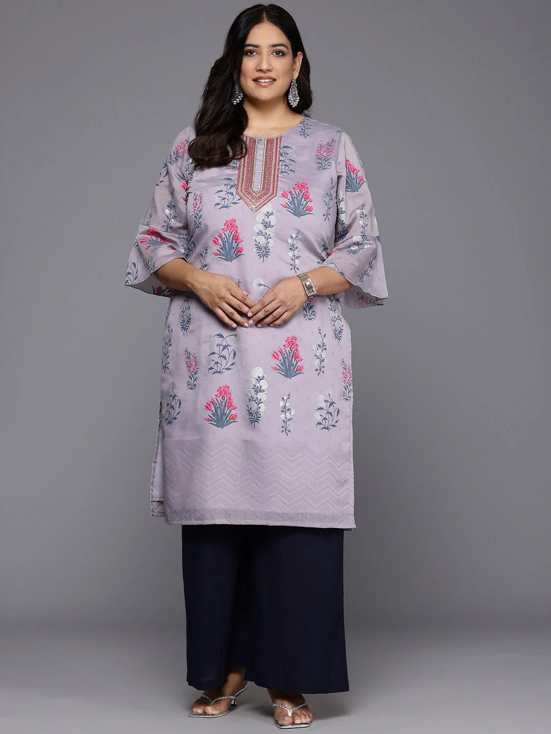Floral Bell Sleeve Sequinned Chanderi Indian Kurtis Online