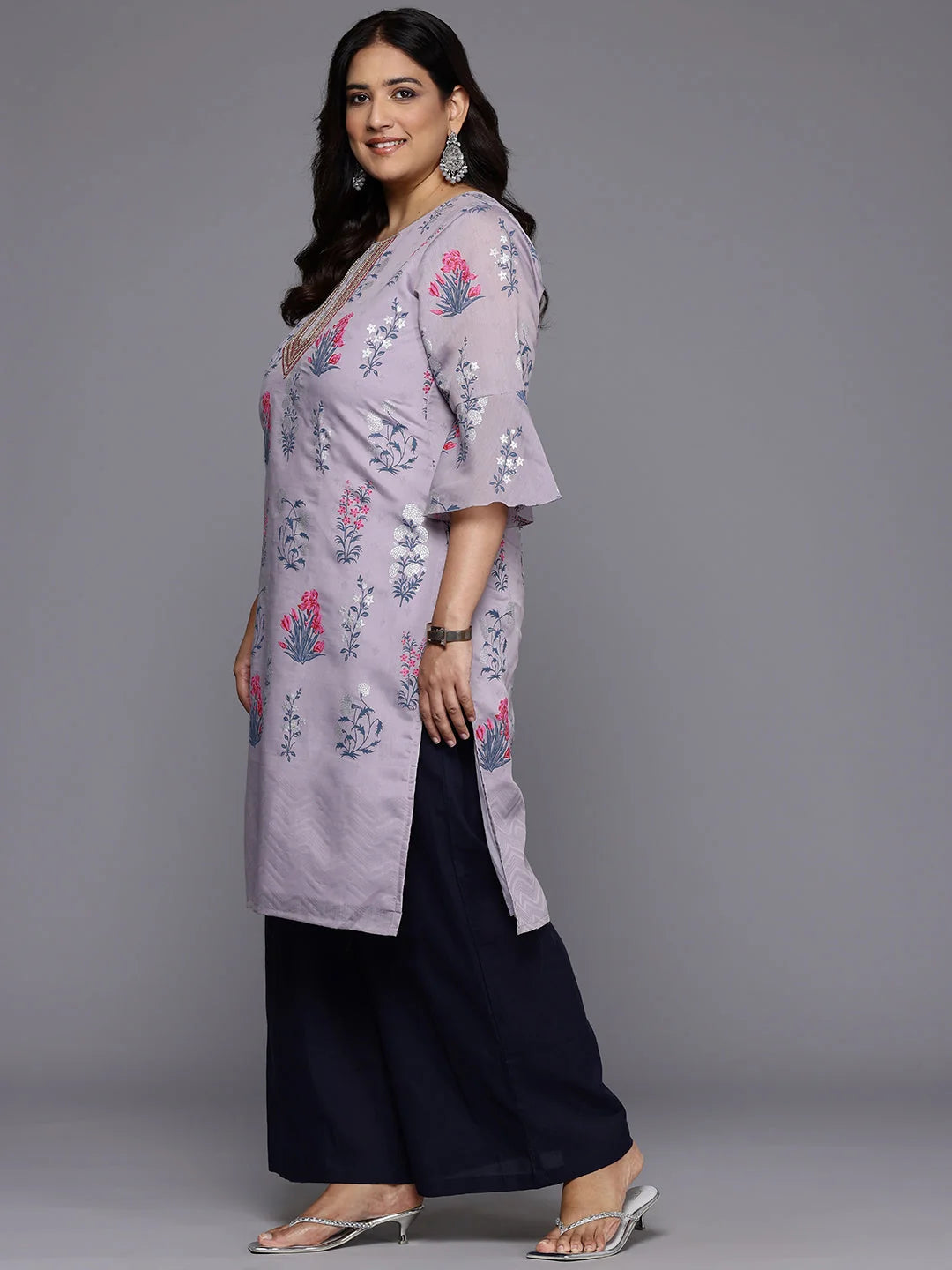 Floral Bell Sleeve Sequinned Chanderi Indian Kurtis Online