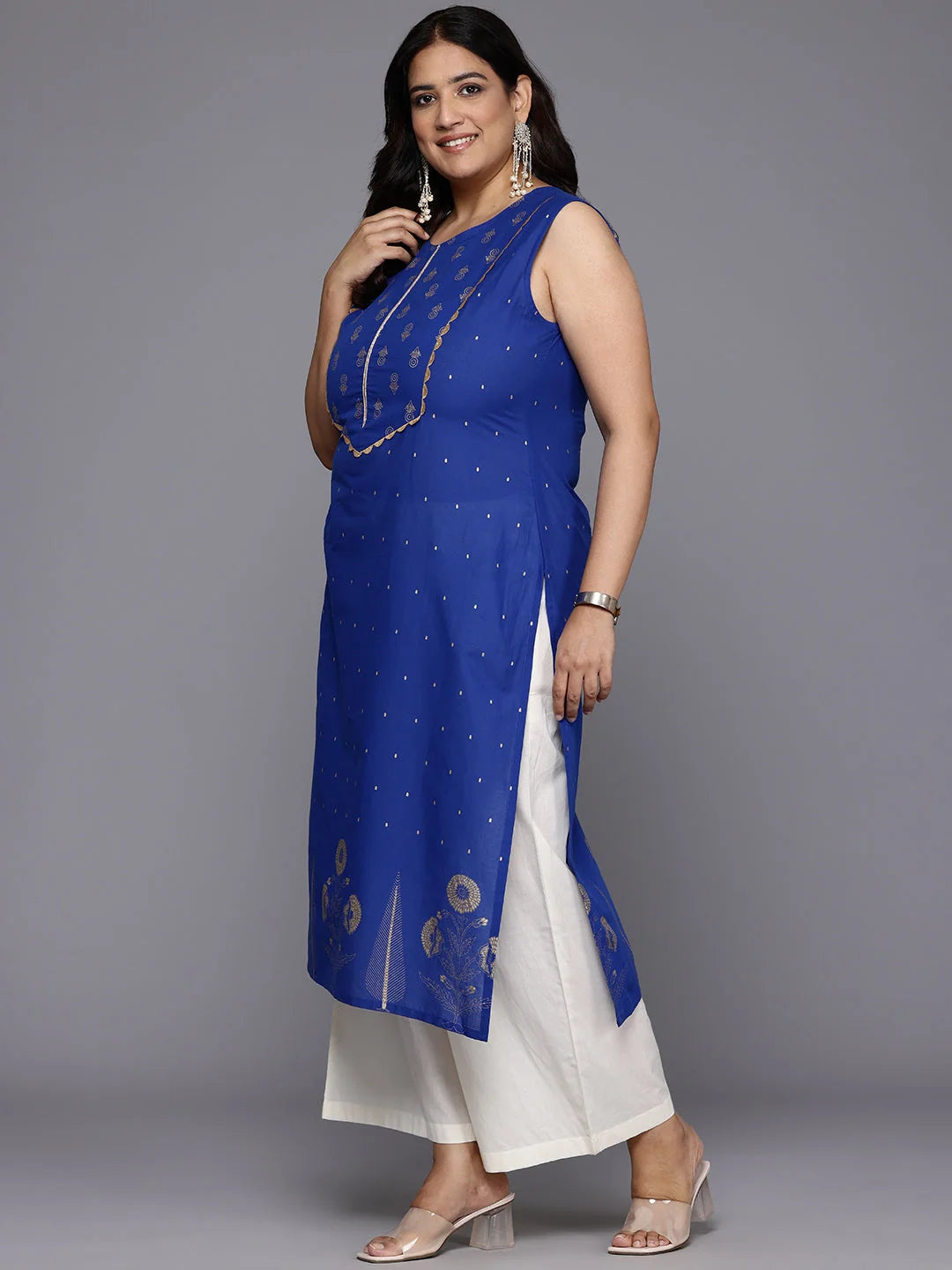 Plus Size Floral Cotton Gotta Patti Indian Kurta for Women