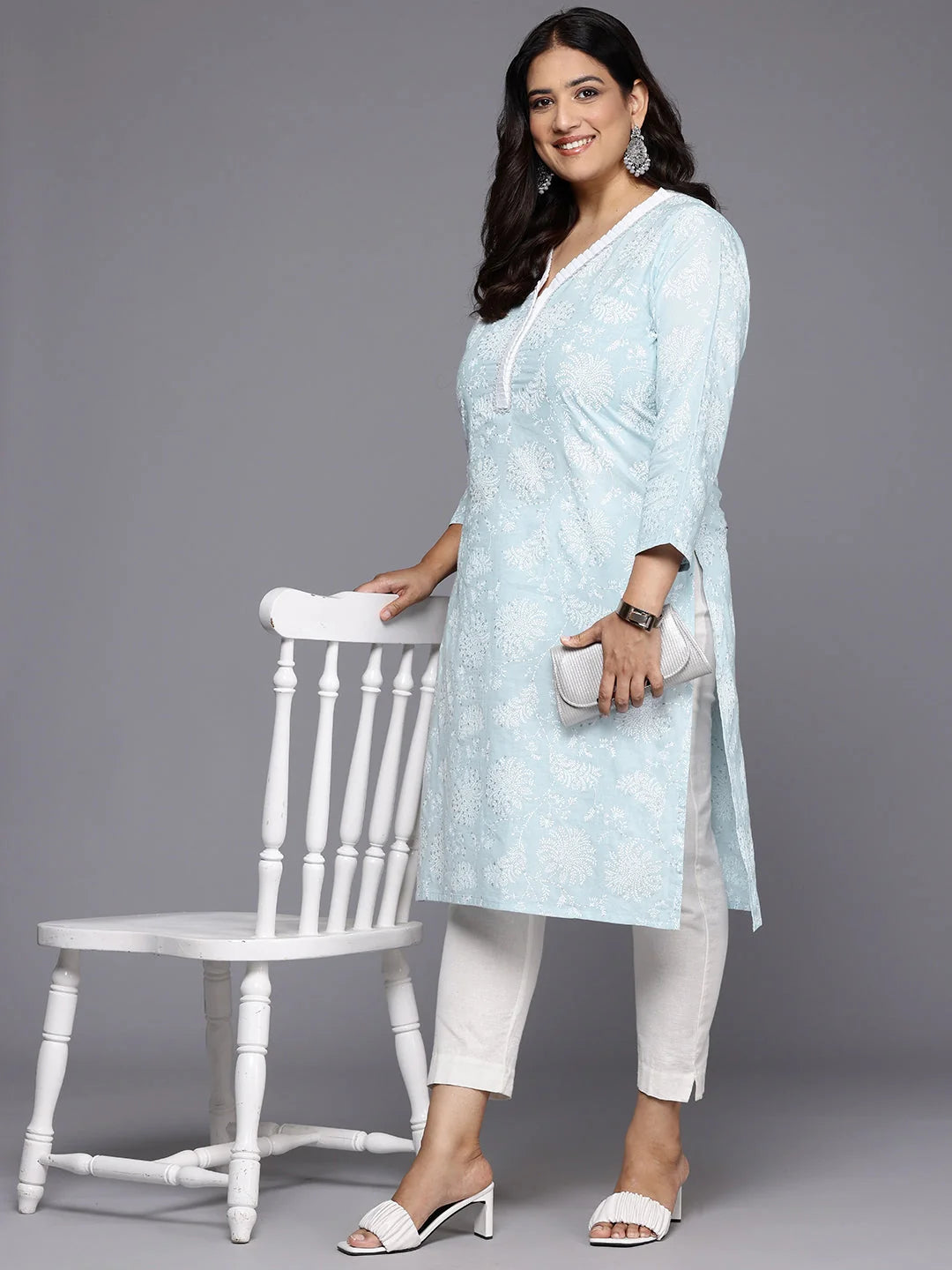 Plus Size Floral Printed Zari Cotton Indian Kurta for Women