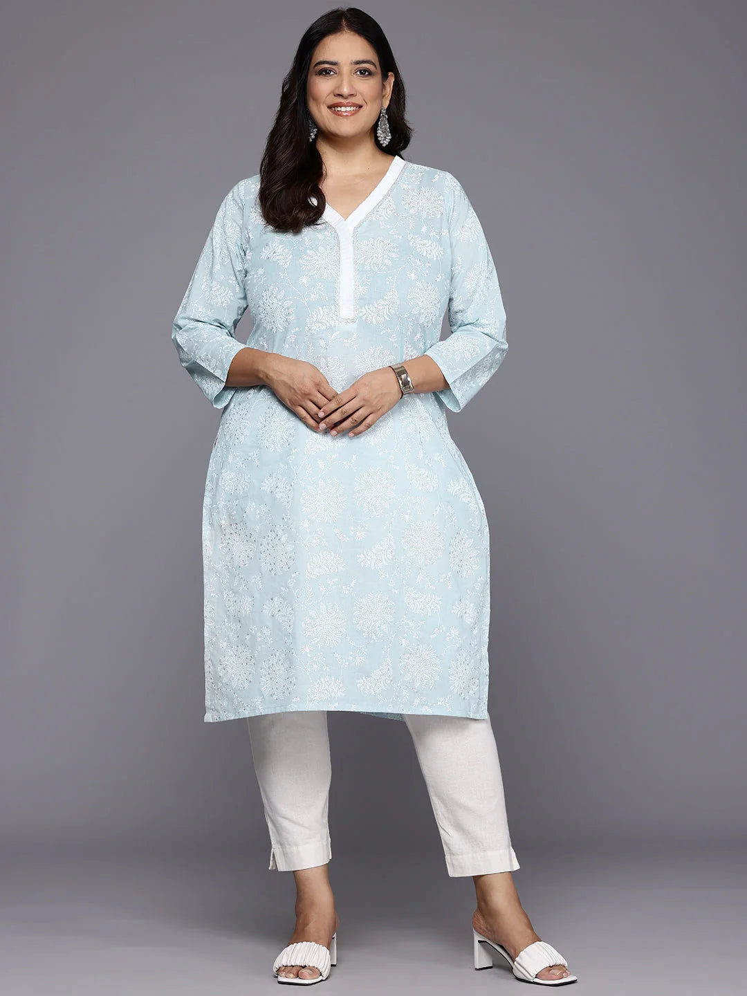 Plus Size Floral Printed Zari Cotton Indian Kurta for Women