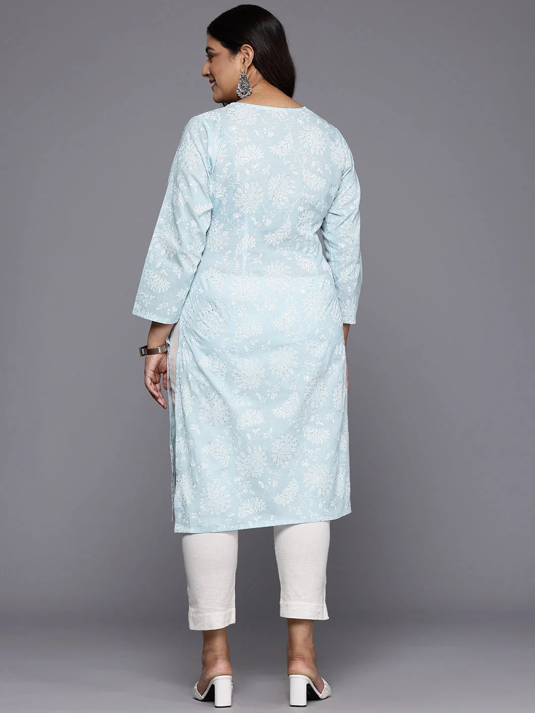 Plus Size Floral Printed Zari Cotton Indian Kurta for Women