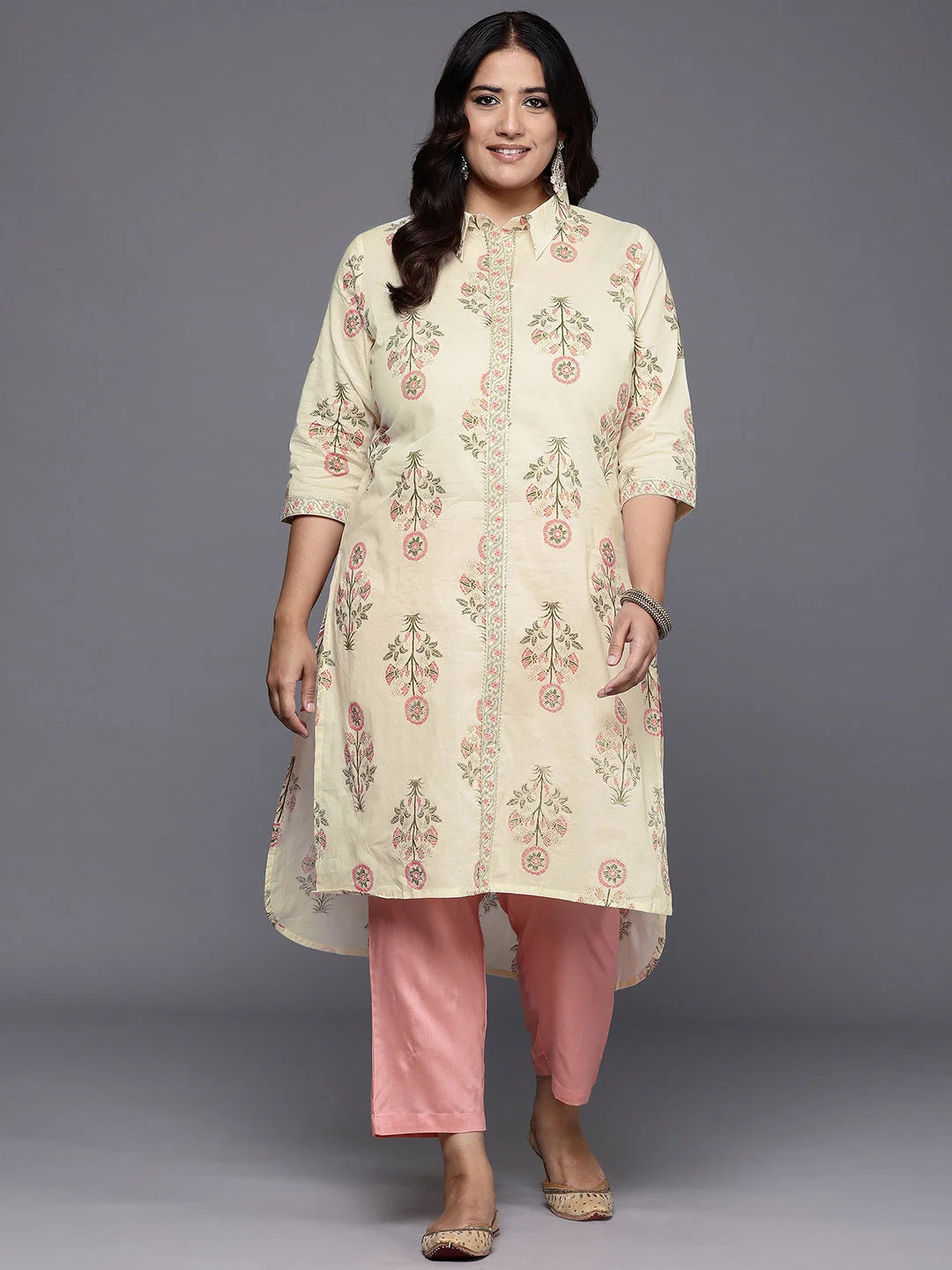 Plus Size Floral Printed Gotta Patti Pure Cotton Kurta-AP-AHKUCOPG-950