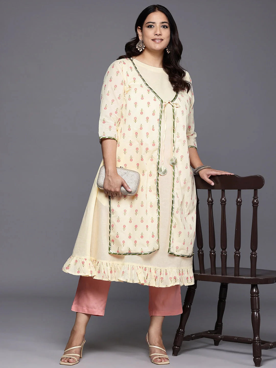 Plus Size Floral Cotton Indian Kurta with Gotta Patti Work