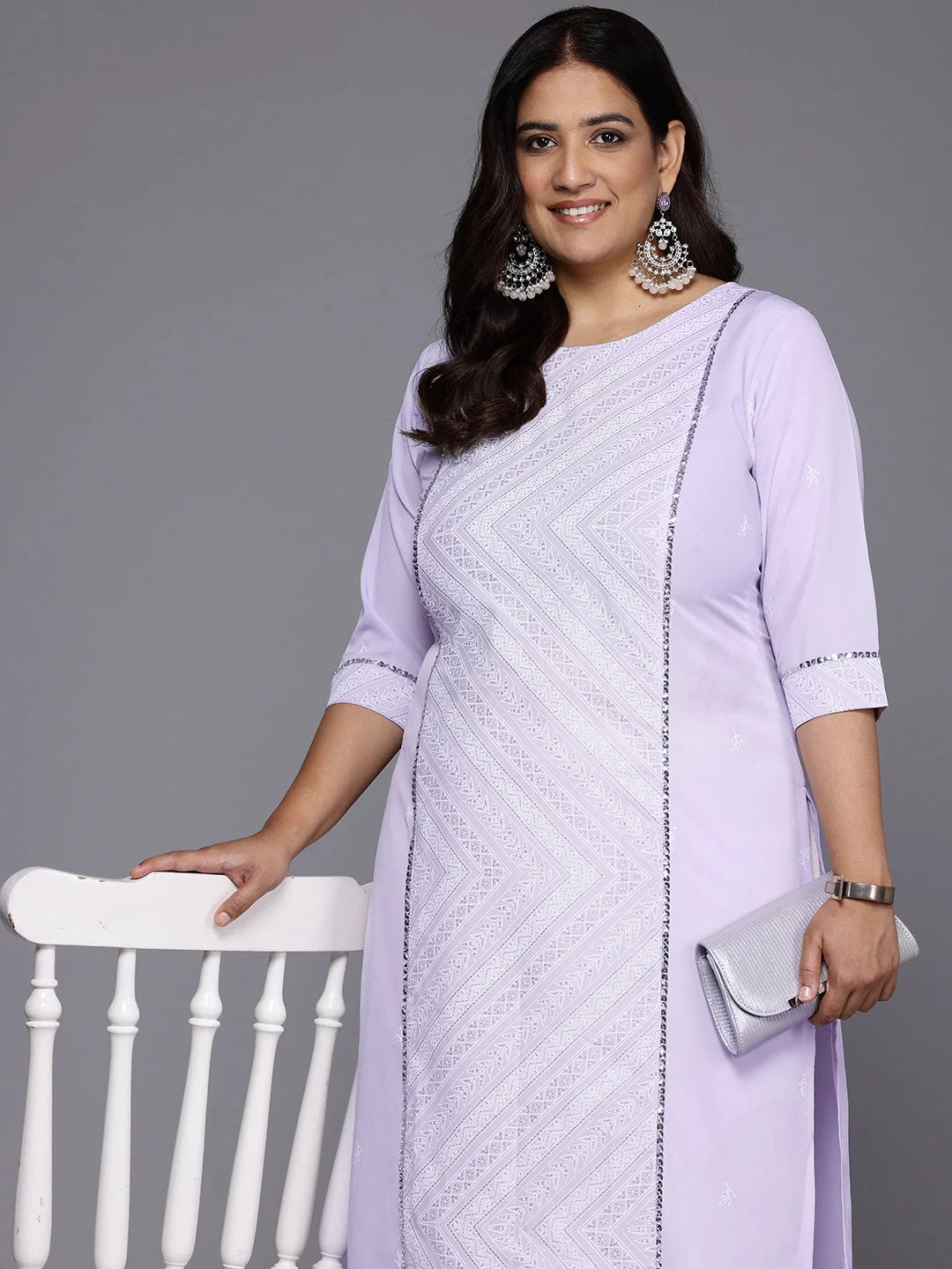 Plus Size Geometric Printed Sequinned Crepe Kurta-AP-AHKUCRKH-1122