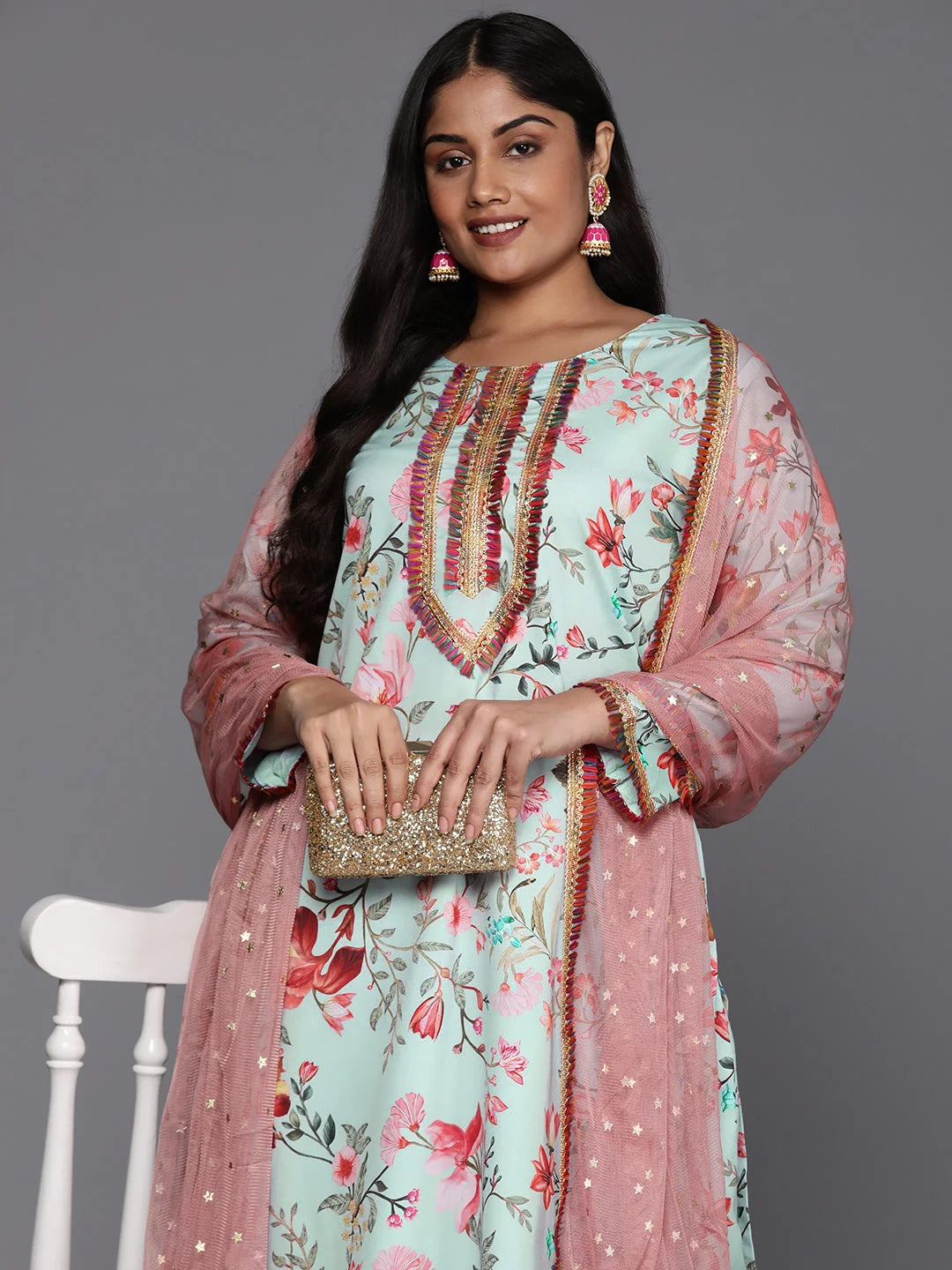 Plus Size Floral Kurta Palazzo Set with Zari | Women's Style