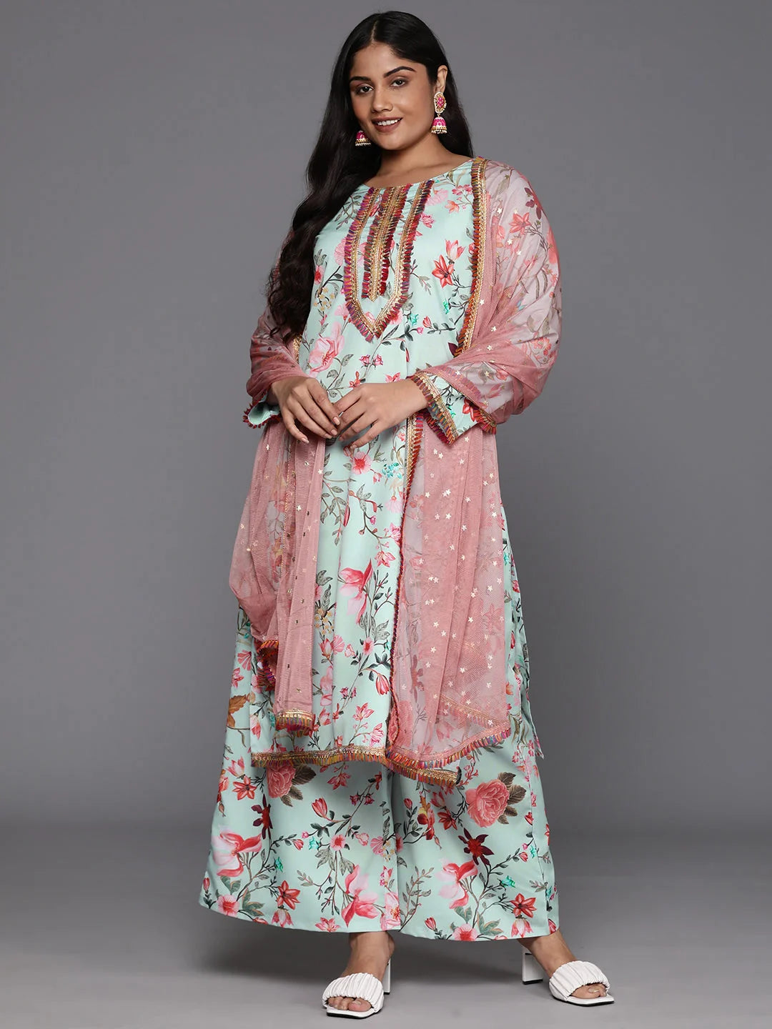 Plus Size Floral Kurta Palazzo Set with Zari | Women's Style