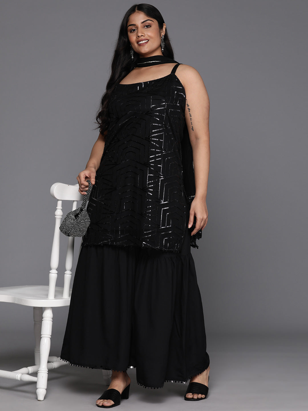 Plus Size Sequinned Sharara Suits - Printed Sharara Set for Women