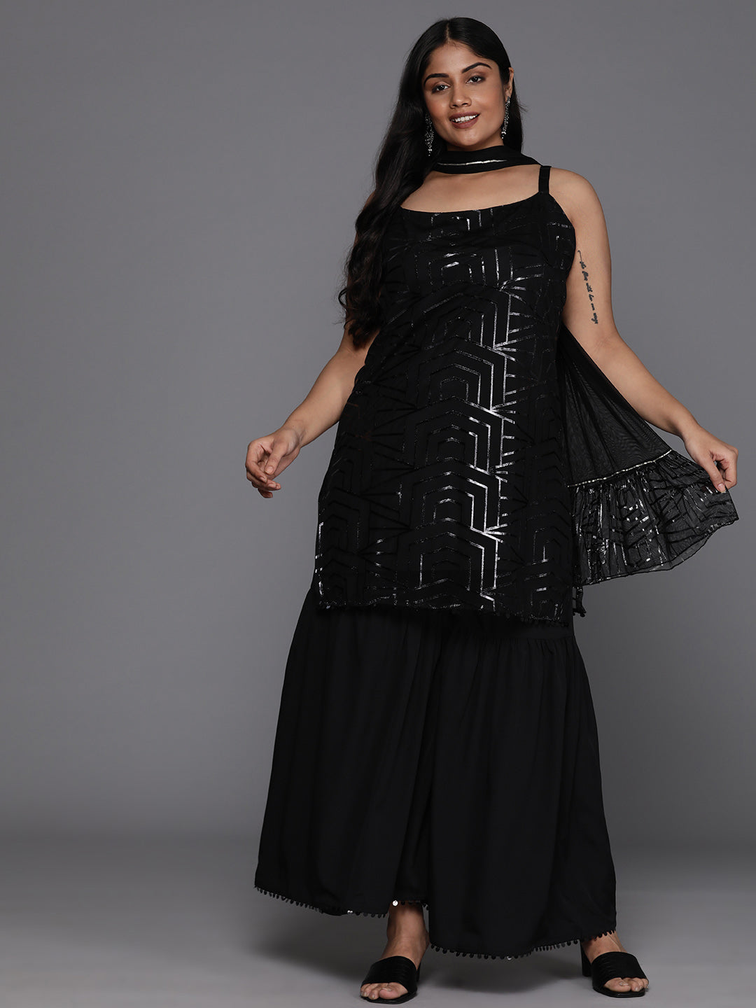 Plus Size Sequinned Sharara Suits - Printed Sharara Set for Women