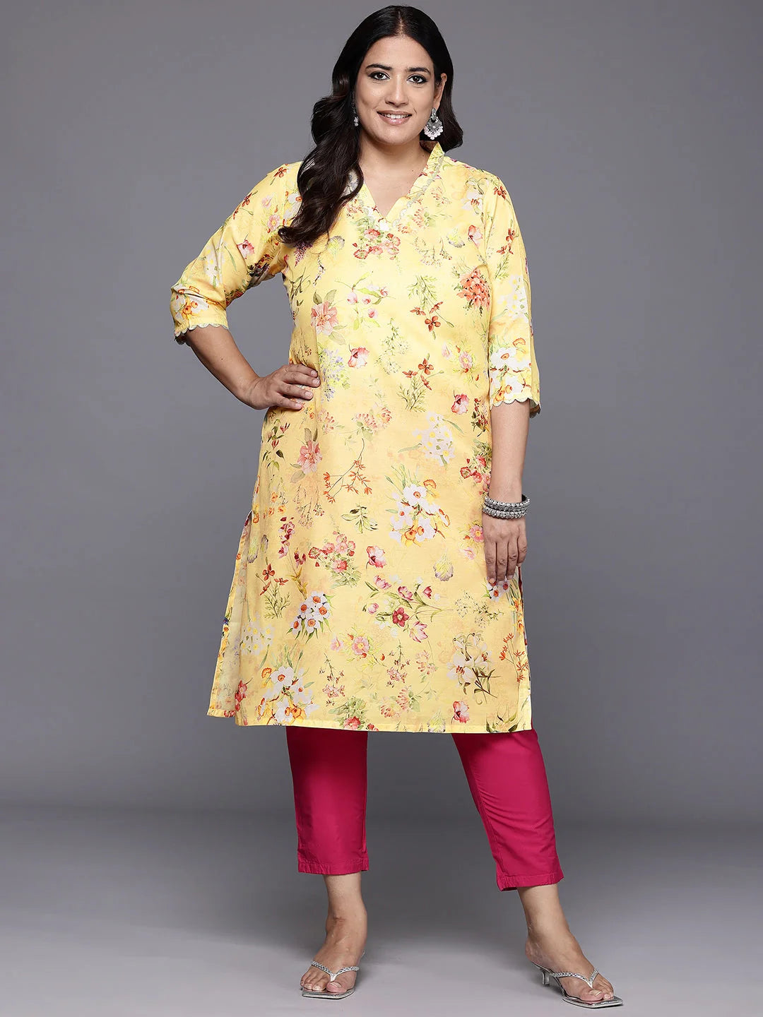 Plus Size Floral Polyester Indian Kurta for Women