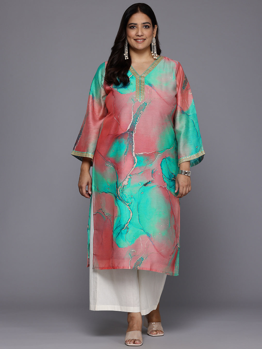 Plus Size Abstract Printed Flared Sleeve Indian Kurta