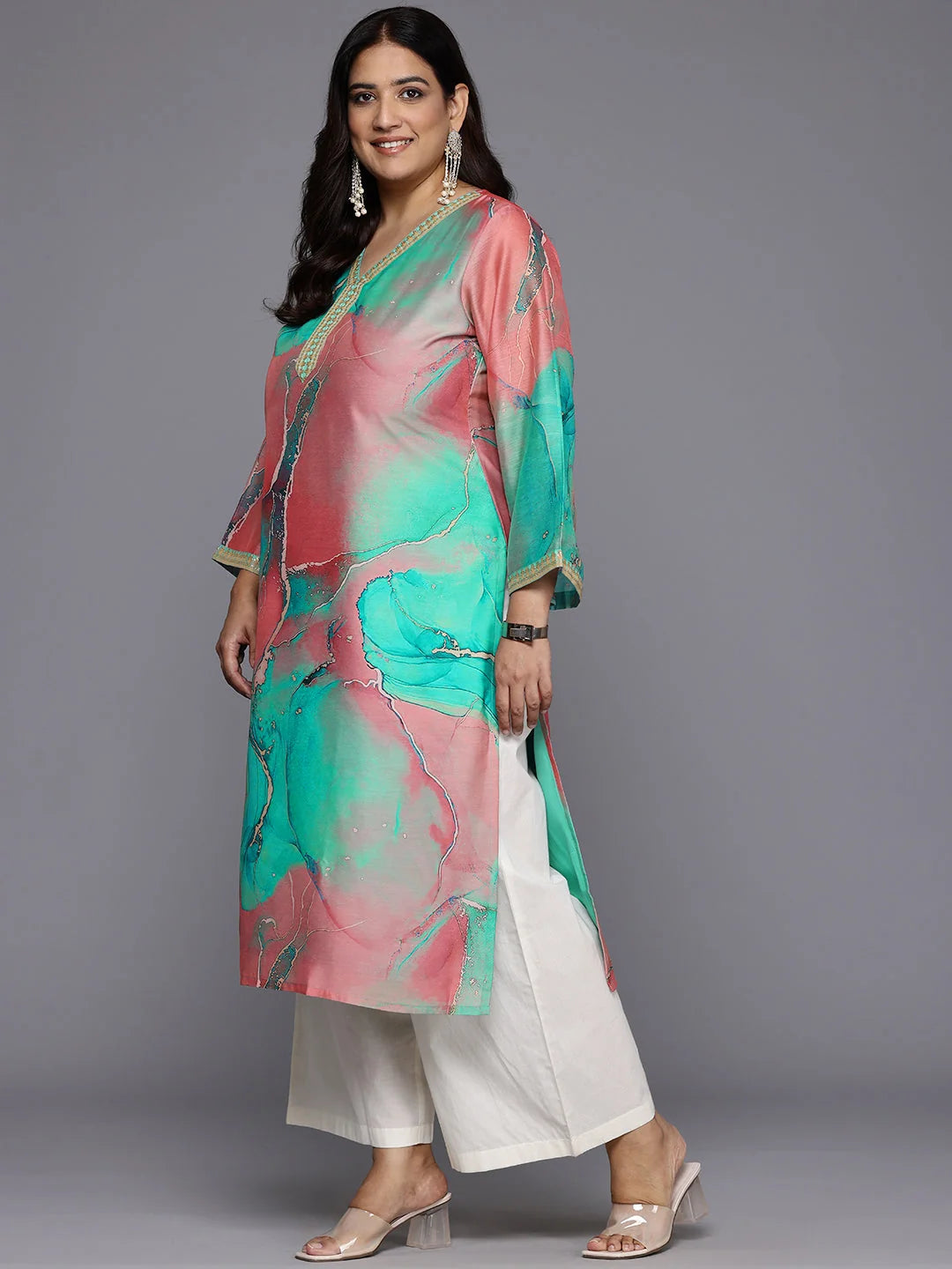 Plus Size Abstract Printed Flared Sleeve Indian Kurta