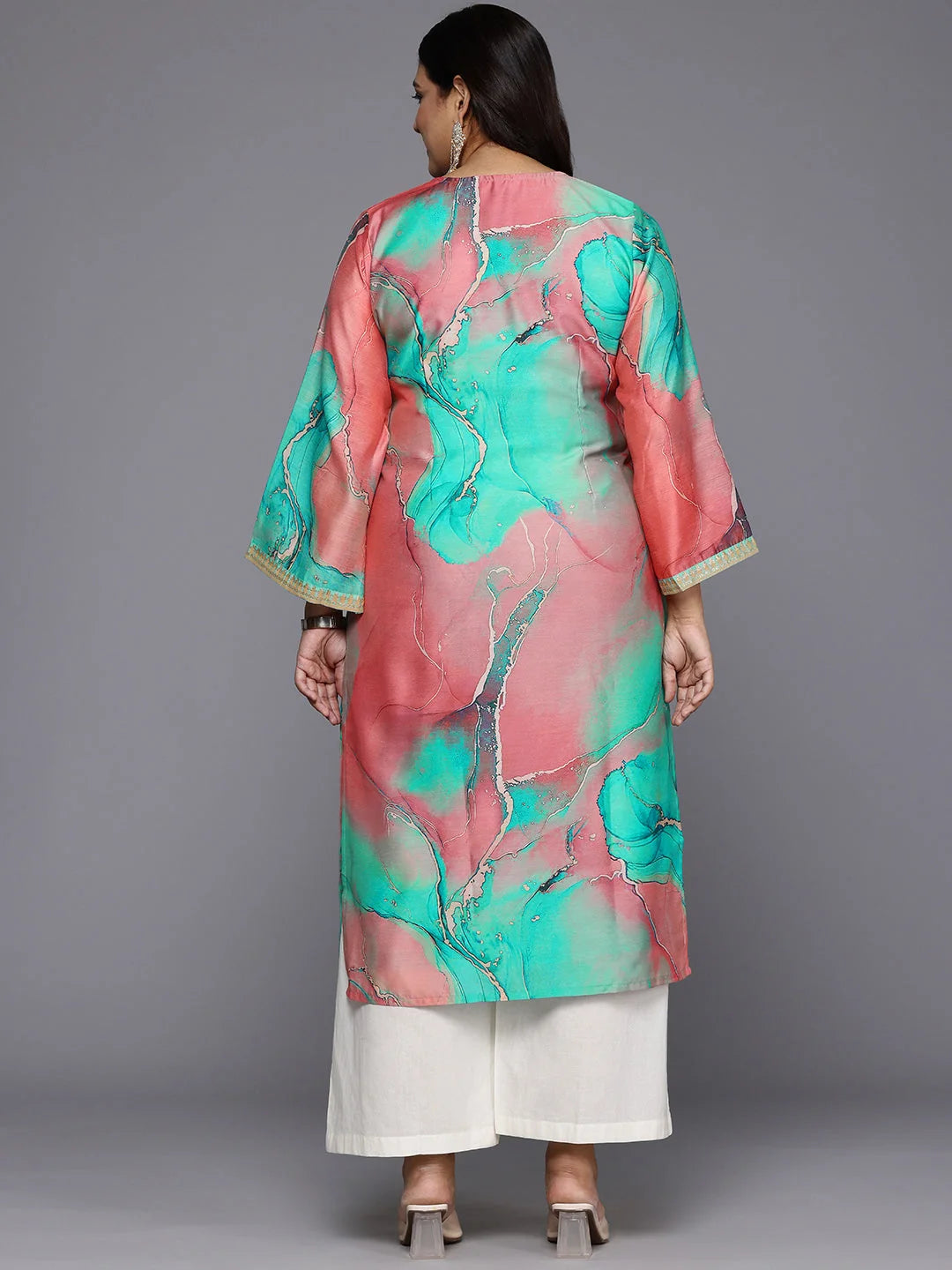 Plus Size Abstract Printed Flared Sleeve Indian Kurta