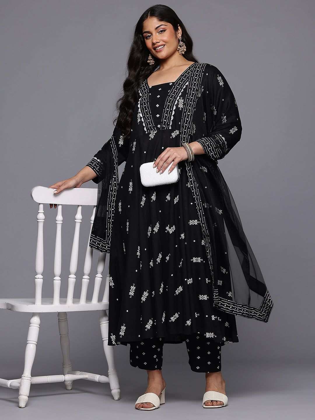 Plus Size Printed Pleated Gotta Patti Kurta with Trousers & With Dupatta