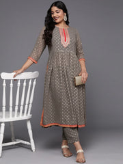 Plus Size Floral Printed High Slit Sequinned Kurta with Trousers-AP-AHKUPT-COMBO-911