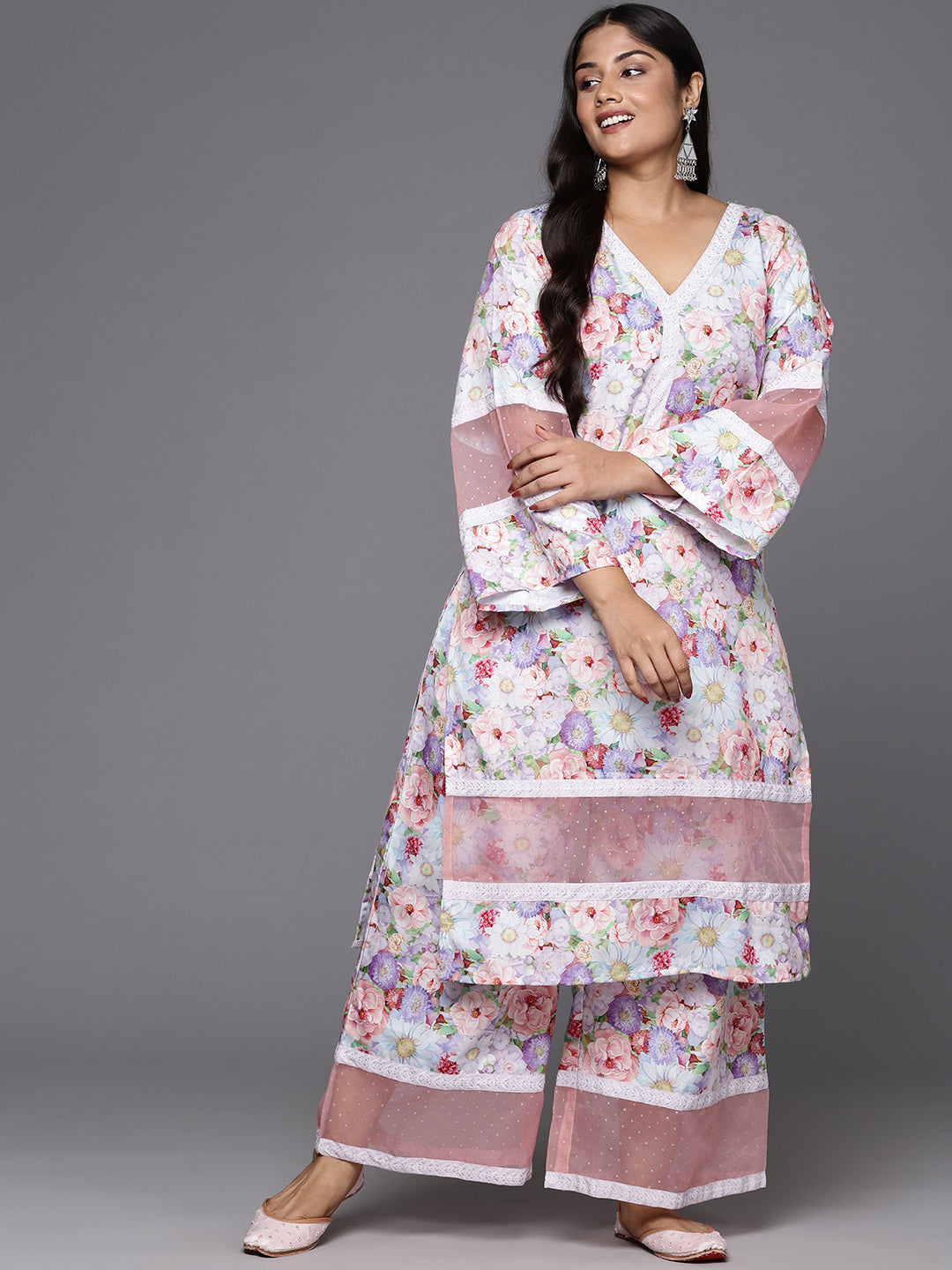 Floral Kurta Palazzo Set - Women's Rayon Palazzo Pants Set