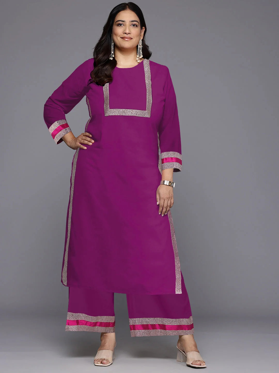 Elegant Silk Kurta Palazzo Set - Women's Solid Color Outfit