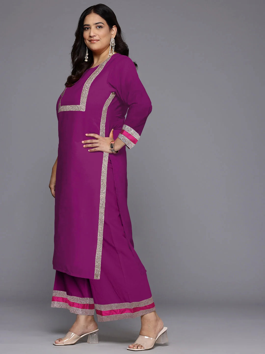 Elegant Silk Kurta Palazzo Set - Women's Solid Color Outfit