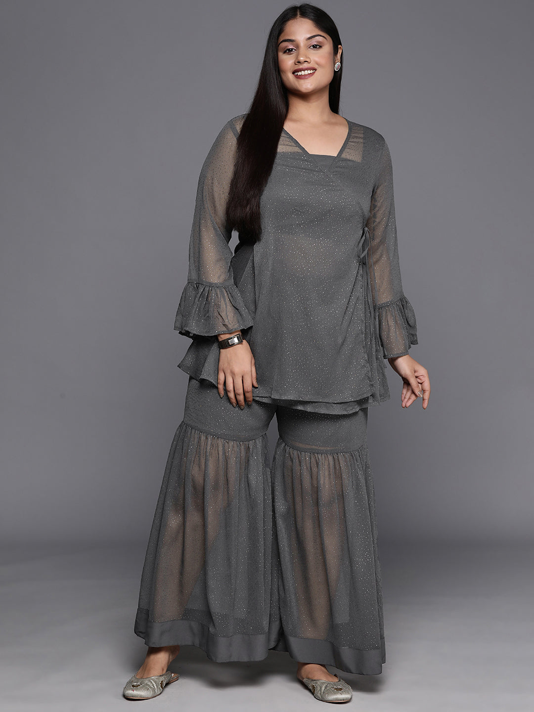Plus Size Ethnic Printed Chiffon Wrap Tunic with Sharara-AP-AHTPTUGH-COMBO-340