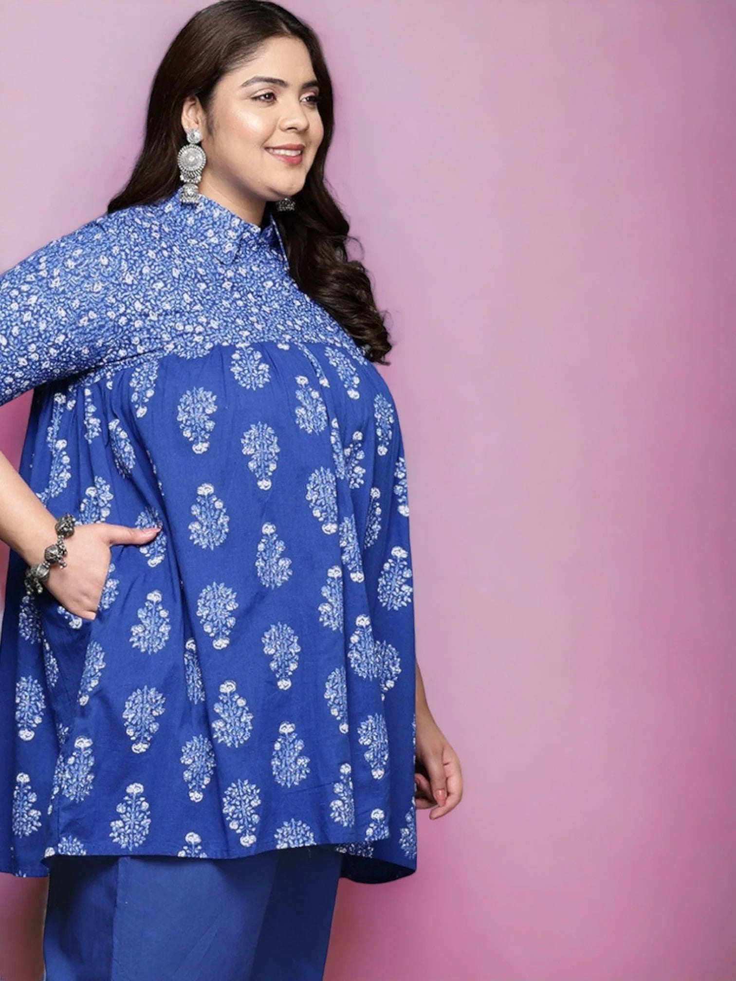 Blue Plus Size Cotton Tunic Top - Indian Kurta Ladies Collection