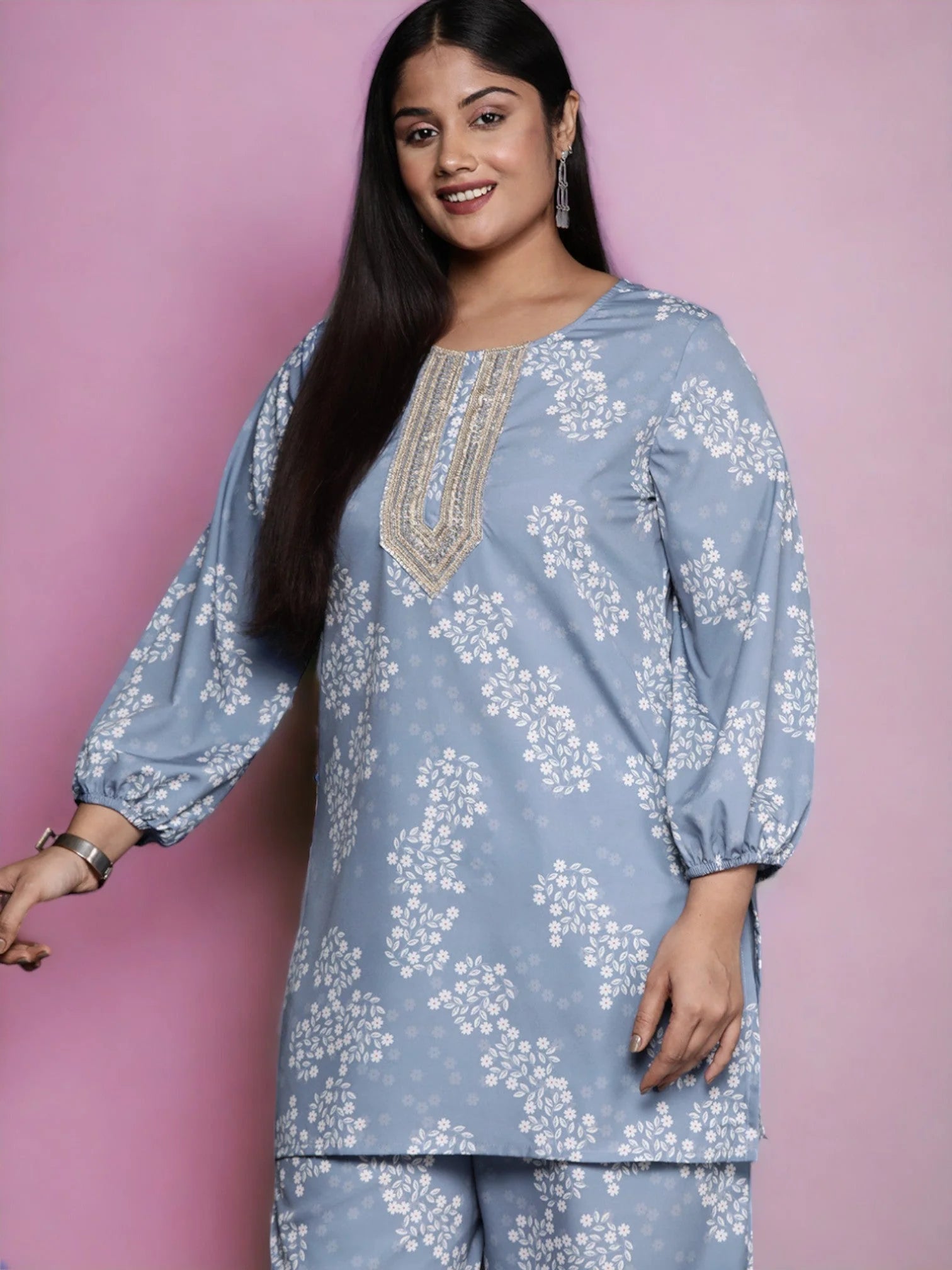 Plus Size Floral Tunic Top: Ethnic Indian Kurta for Ladies