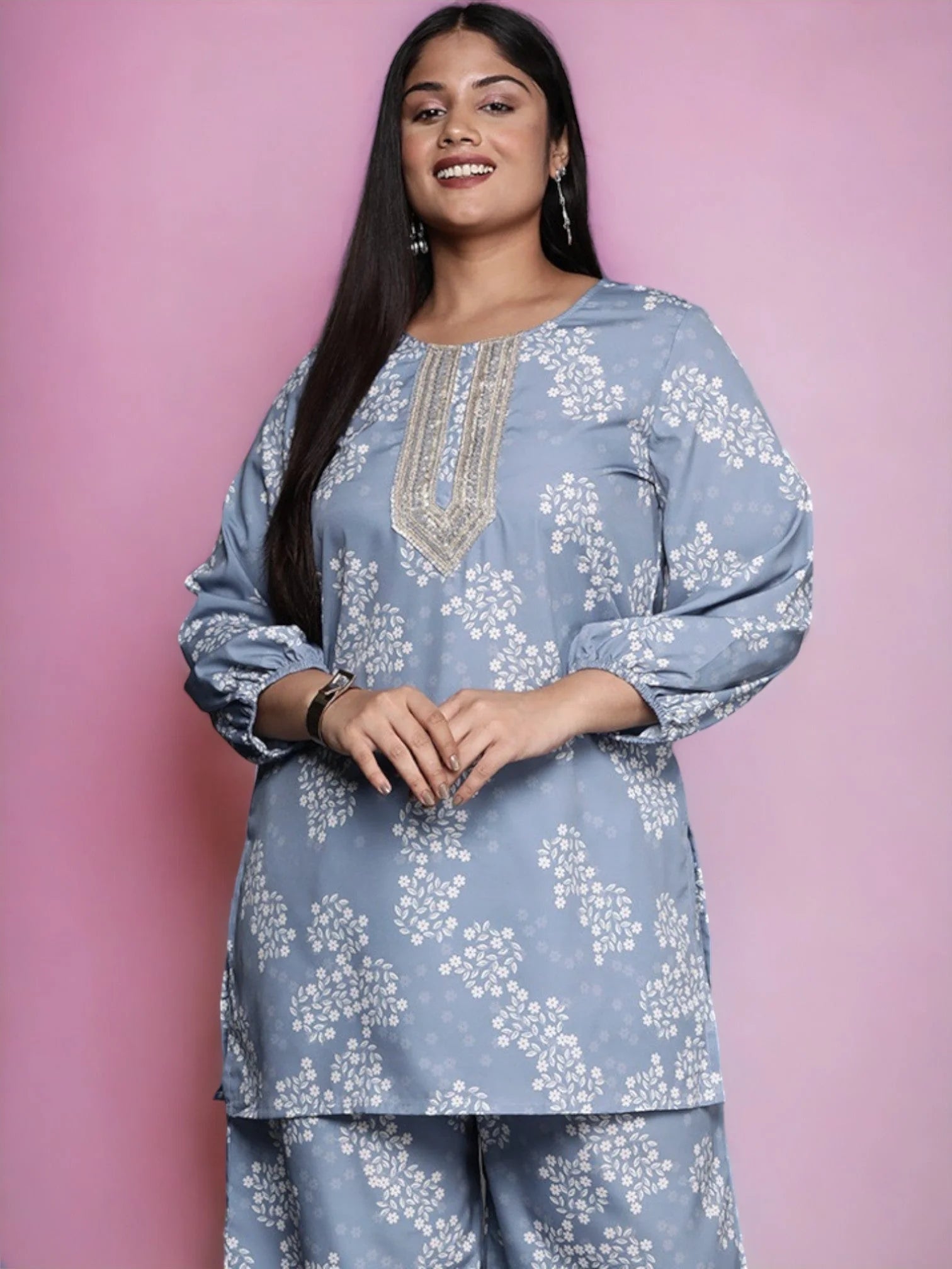 Plus Size Floral Tunic Top: Ethnic Indian Kurta for Ladies