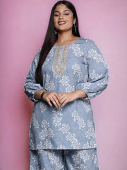 Plus Size Floral Print Zari Ethnic Tunic-AP-AHTUCRDP-8182-EMB-OA