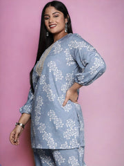 Plus Size Floral Print Zari Ethnic Tunic-AP-AHTUCRDP-8182-EMB-OA