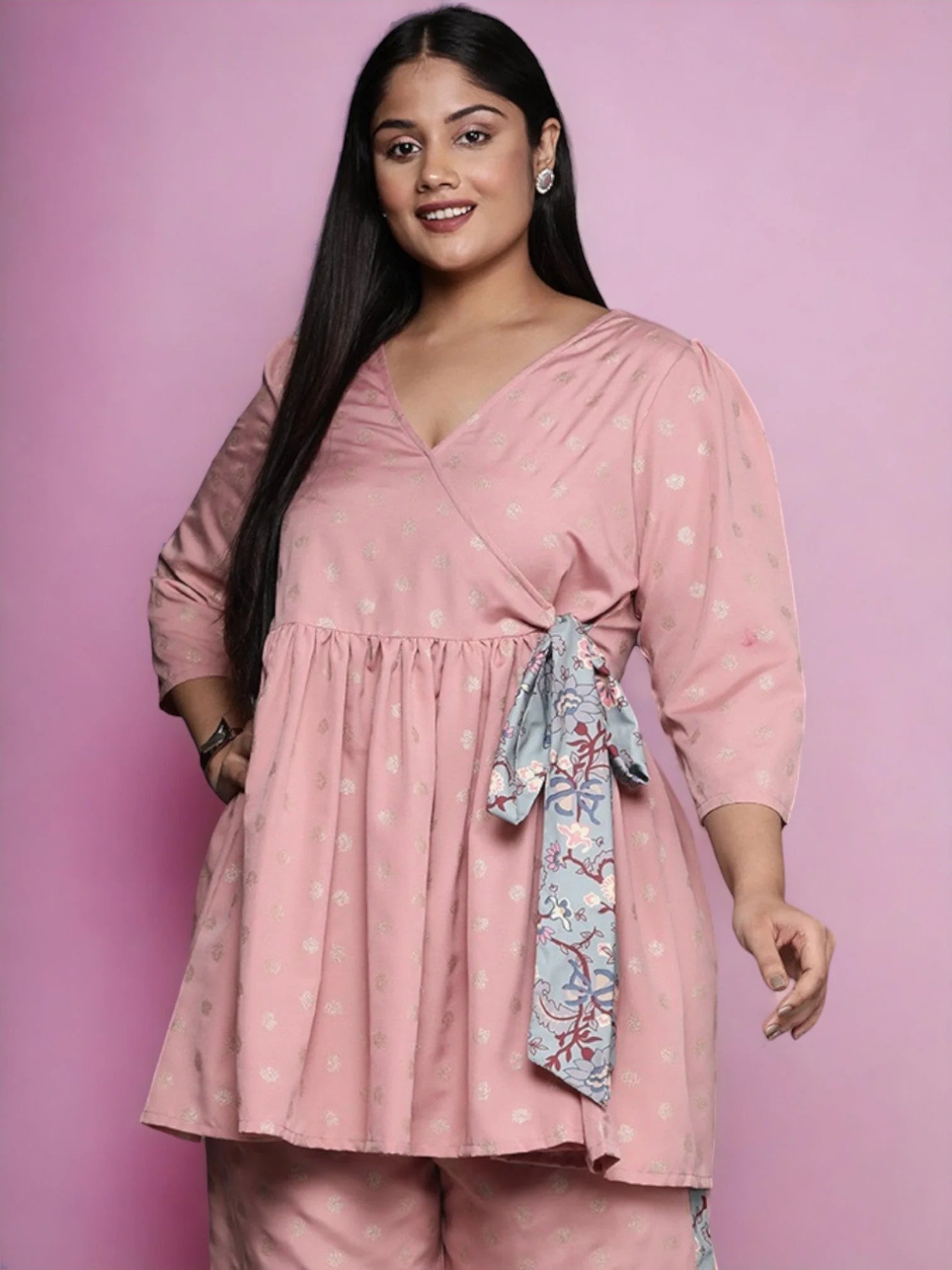 Pink Ethnic Printed Wrap Tunic - Plus Size Indian Kurta Ladies