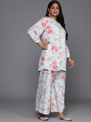 Turquoise Blue Plus Size Floral Printed Kurti with Palazzos-AP-AHTUPZ-COMBO-720-ICH