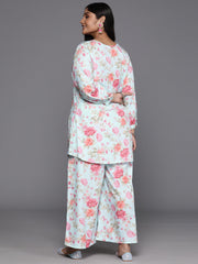 Turquoise Blue Plus Size Floral Printed Kurti with Palazzos-AP-AHTUPZ-COMBO-720-ICH