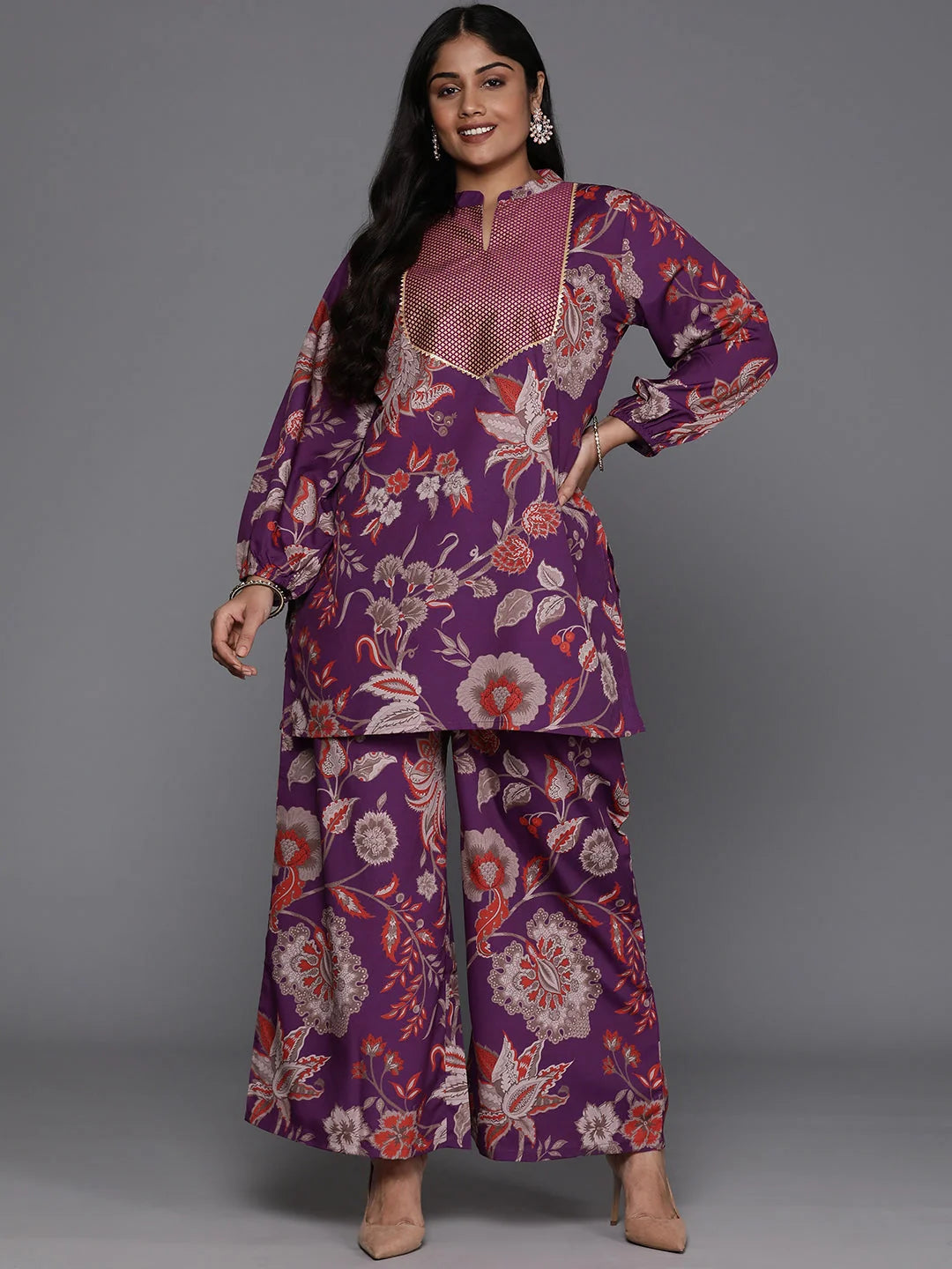 Purple Floral Kurta Palazzo Set | Plus Size Gotta Patti