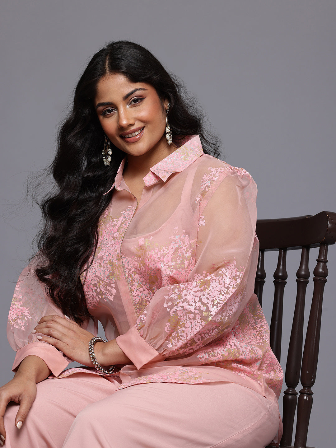 Plus Size Solid Top with Floral Printed Sheer Shirt & Trousers Co-Ords