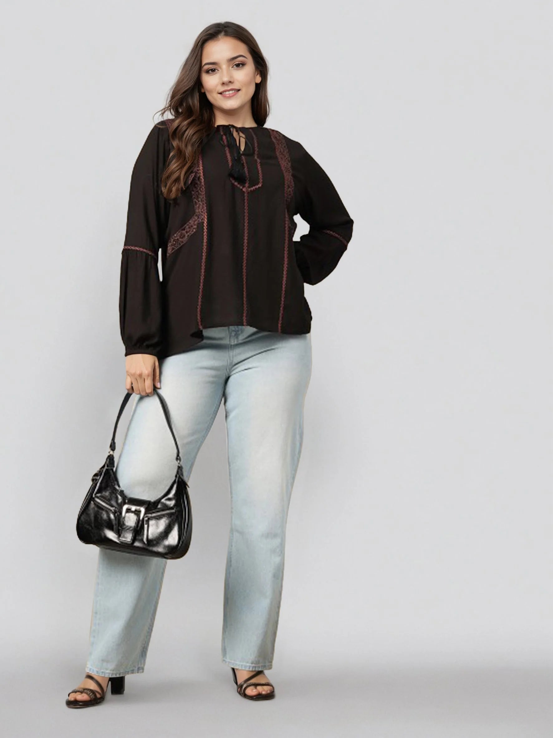 Rosah Women Black Round Neck Embroidered Smart Casual Top-AP-RSTPCVSEMB-10