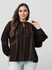 Rosah Women Black Round Neck Embroidered Smart Casual Top-AP-RSTPCVSEMB-10