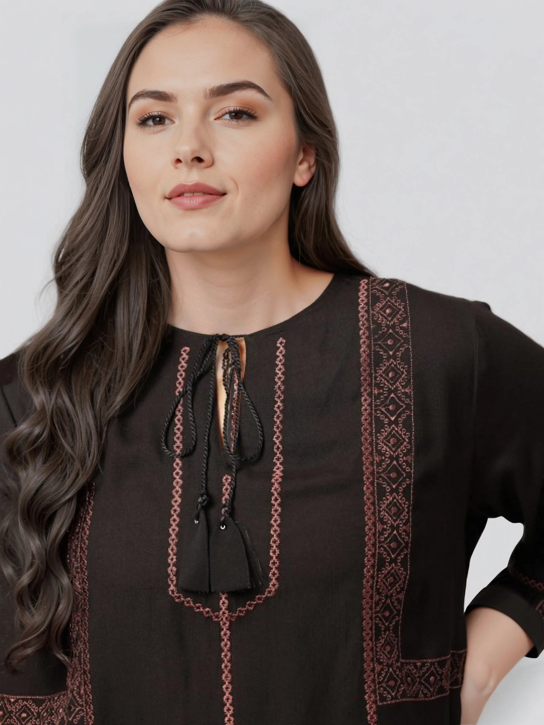 Rosah Women Black Round Neck Embroidered Smart Casual Top-AP-RSTPCVSEMB-10