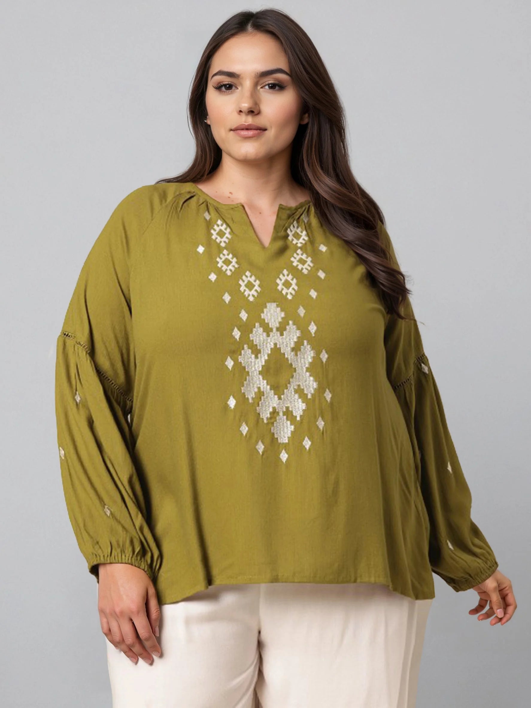 Rosah Women Green Round Neck Embroidered Smart Casual Top-AP-RSTPCVSEMB-11