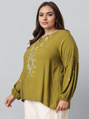 Rosah Women Green Round Neck Embroidered Smart Casual Top-AP-RSTPCVSEMB-11