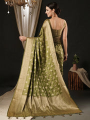Women's Satin Olive Woven Design Designer Saree With Blouse Piece-AQRIUS01B