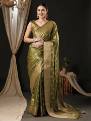 Women's Satin Olive Woven Design Designer Saree With Blouse Piece-AQRIUS01B
