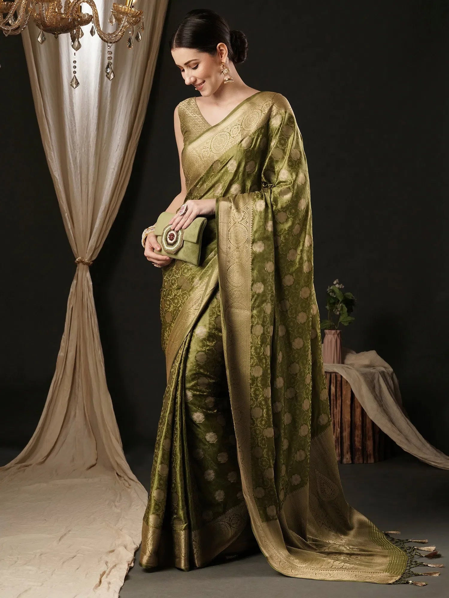 Olive Satin Saree | Designer Indian Sarees with Matching Blouse